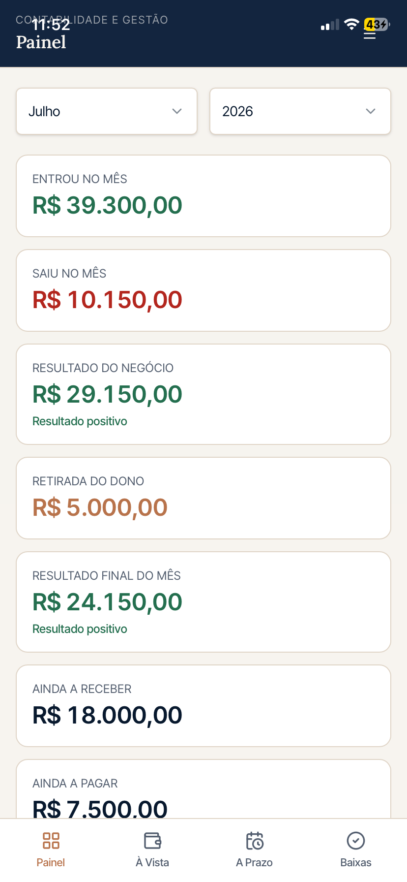 Painel financeiro do aplicativo Conplena Fluxo
